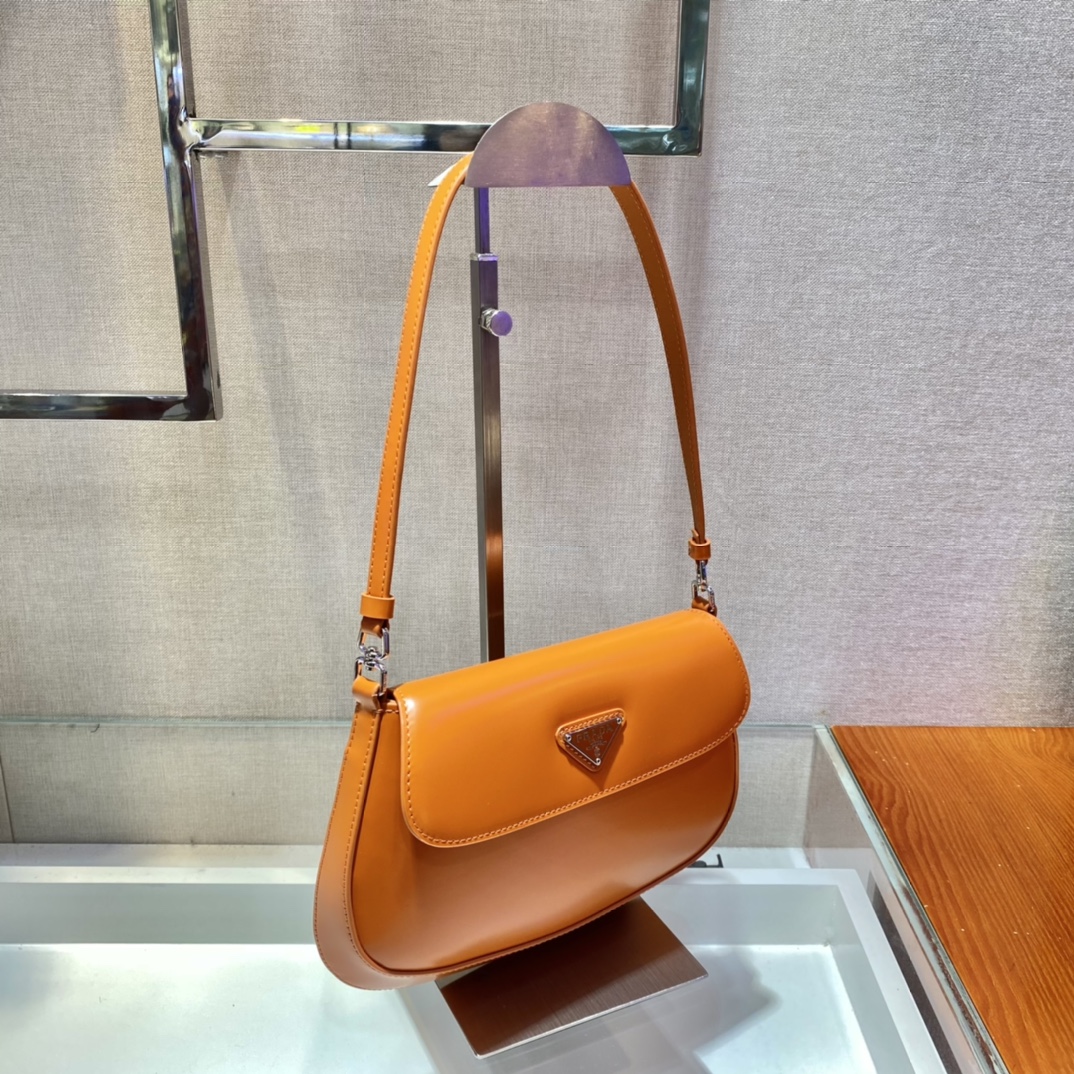 Prada Cleo Brushed Leather Shoulder Bag With Flap Orange 1BD311